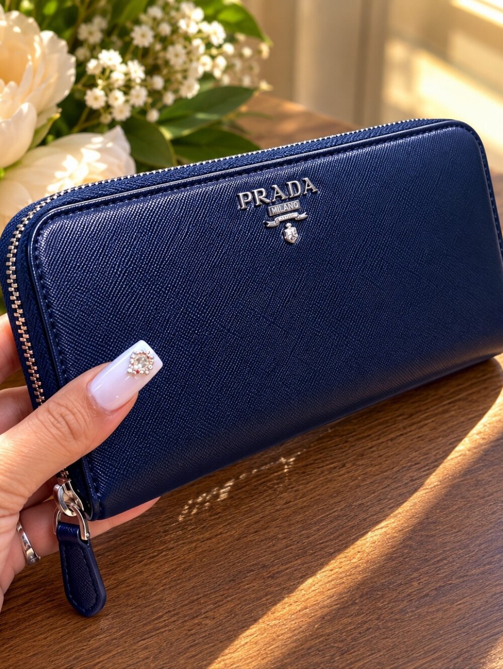 PRADA Milano Saffiano Leather Zip Around Wallet Navy Blue Made In Italy